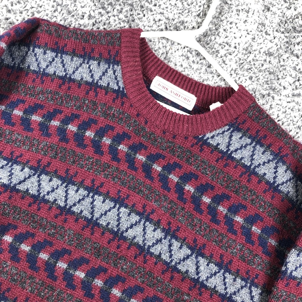 Vintage John Ashford Sweater Mens Medium Red Wool Fair Isle Crew Knit Hong Kong